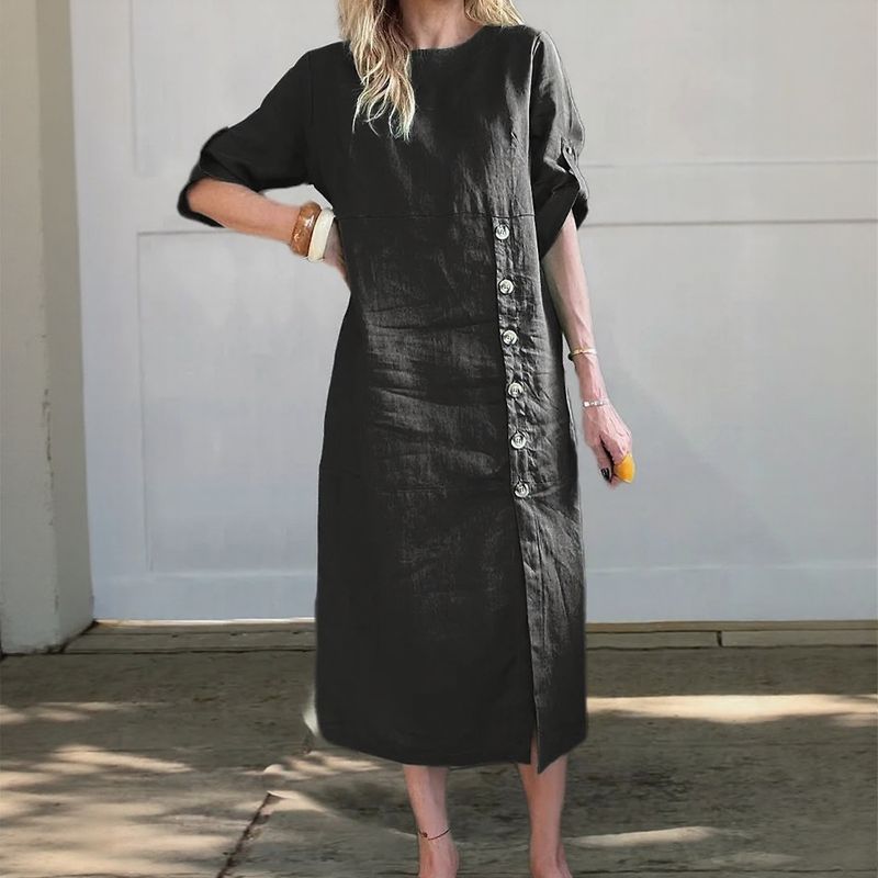 Vestido Adélie™ em Linho de Algodão com Botões Laterais e Fenda Sofisticada / Movimento e Elegância na Medida Certa!