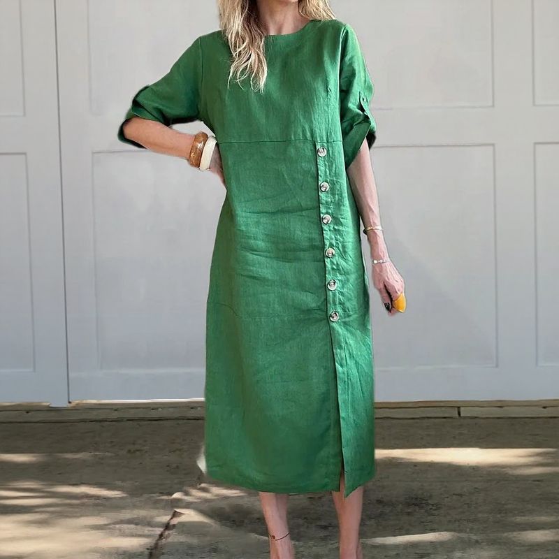 Vestido Adélie™ em Linho de Algodão com Botões Laterais e Fenda Sofisticada / Movimento e Elegância na Medida Certa!